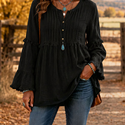 Women's Boho Ruffle V Neck Button Bell Sleeve Tunic Top