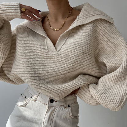 Womens Collared V Neck Ribbed Knit Sweater