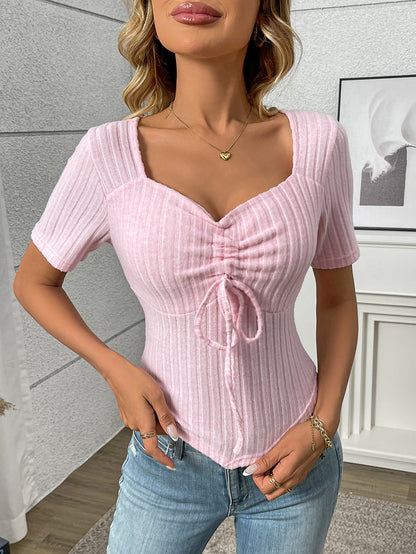Pleated Drawstring Sexy Short-Sleeve Top