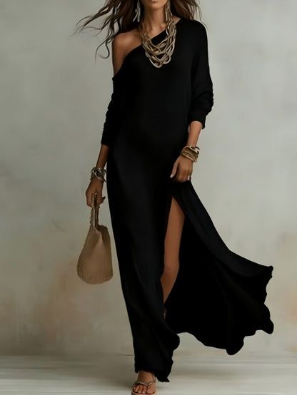 Women's One Shoulder Long Sleeve Side Slit Knit Maxi Dress