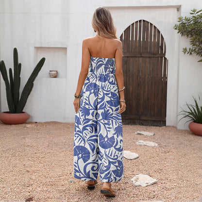 STropical Leaf Print Strapless Wide Leg Resort Jumpsuit