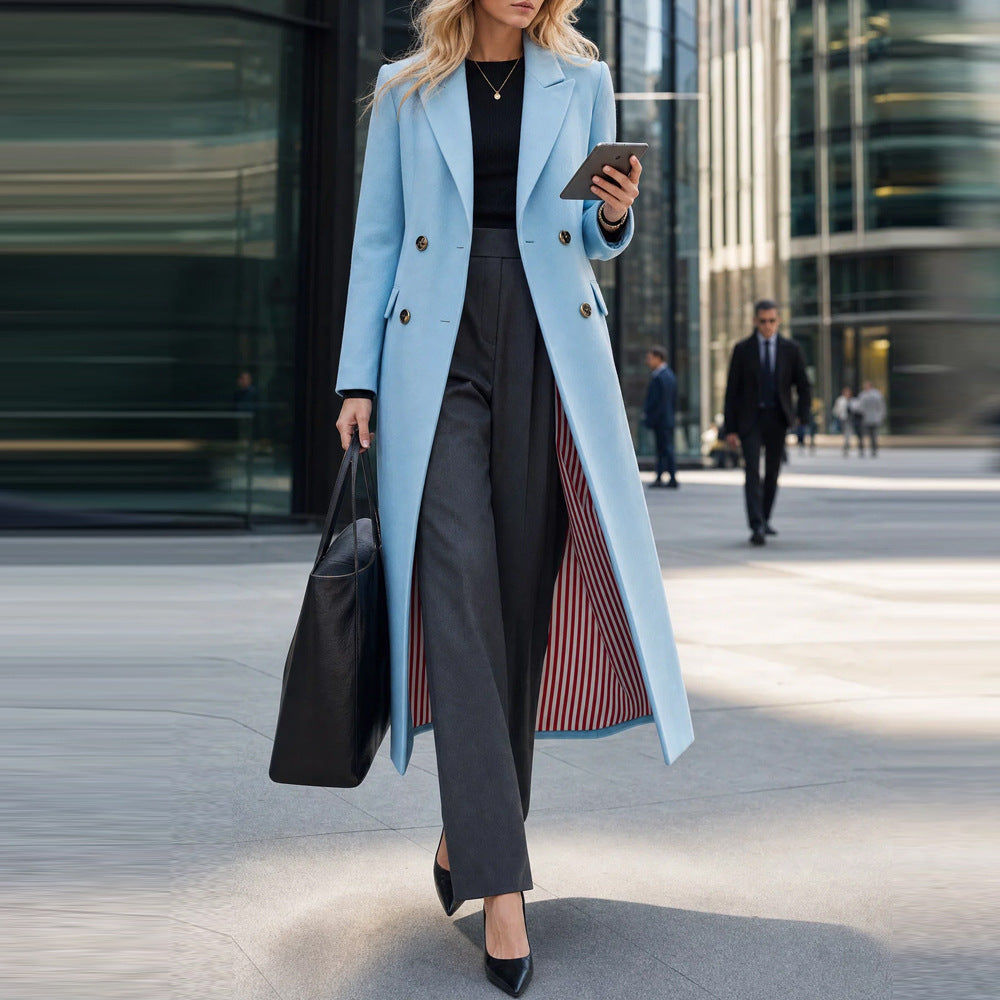 Women's Blue Double Breasted Long Coat Elegant