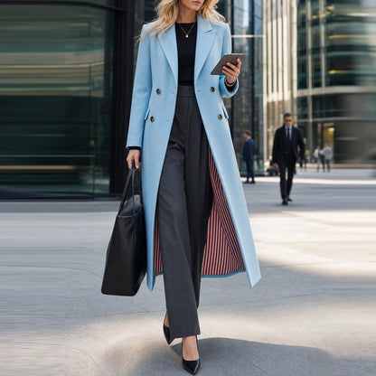 Women's Blue Double Breasted Long Coat Elegant