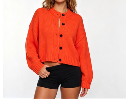 Women's Cropped Cardigan Button Front Orange Knit Sweater