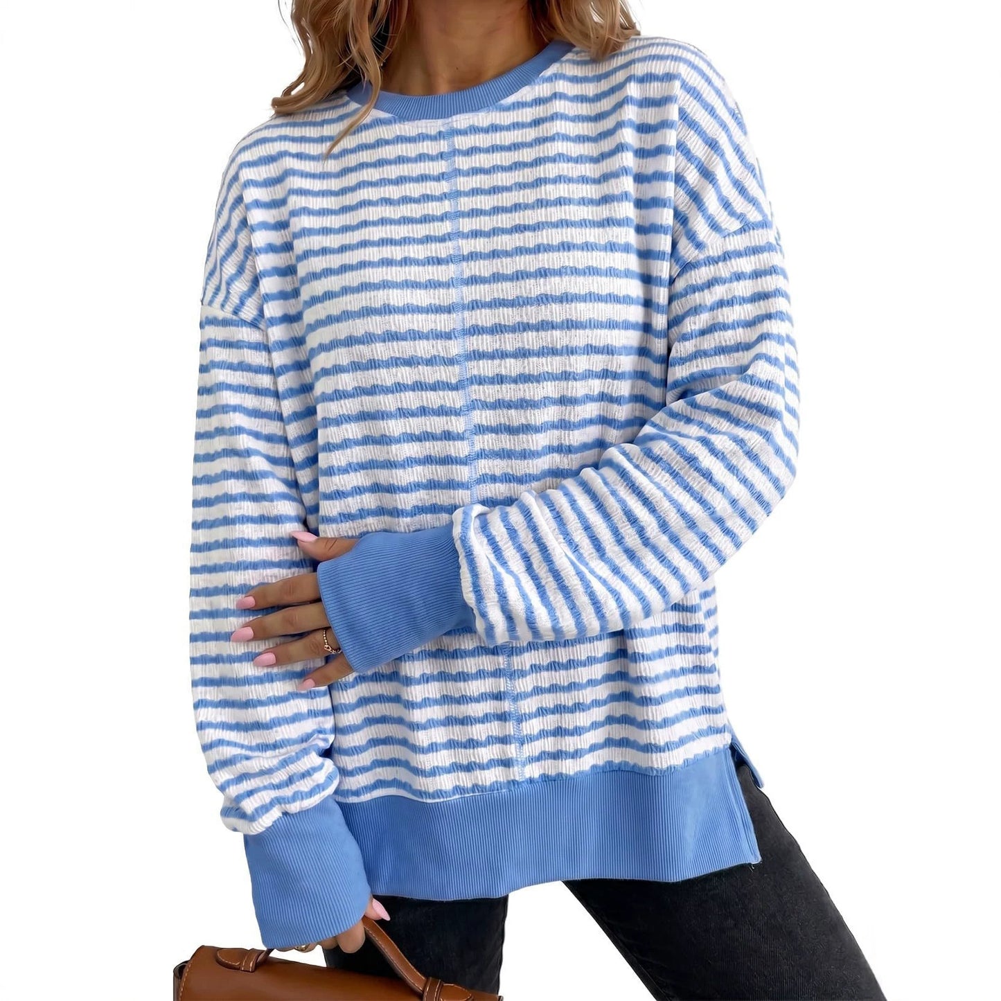 Women's Oversized Striped Crewneck Sweatshirt Side Slit