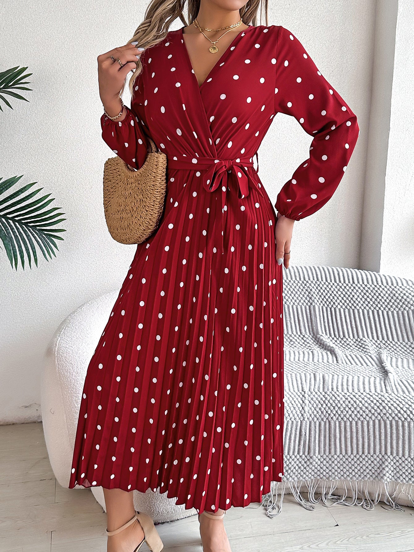 Elegant Polka Dot Cross-Over V-Neck Pleated Midi Dress