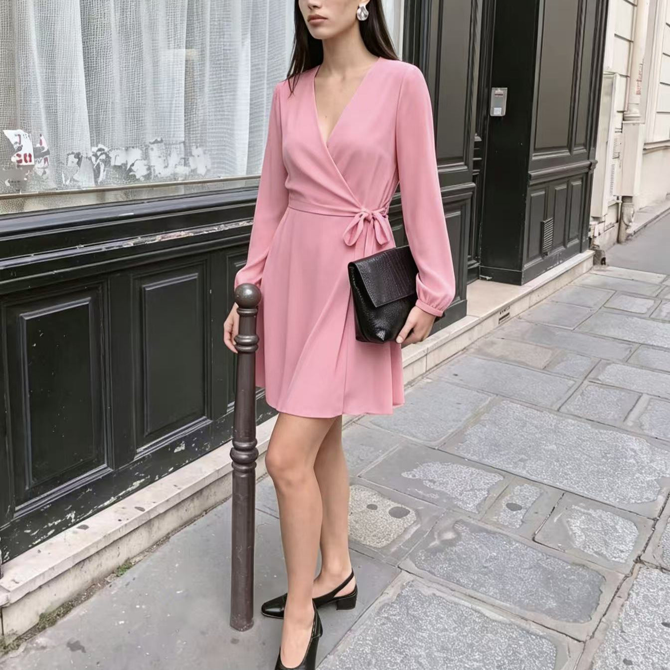 V-Neck Wrap Dress Long Puff Sleeve Tie Waist A-Line