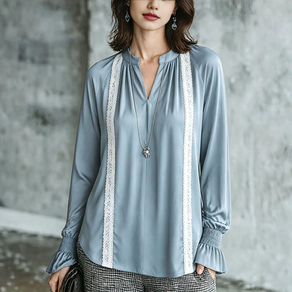Women's Satin Lace Trim V-Neck Long Sleeve Blouse