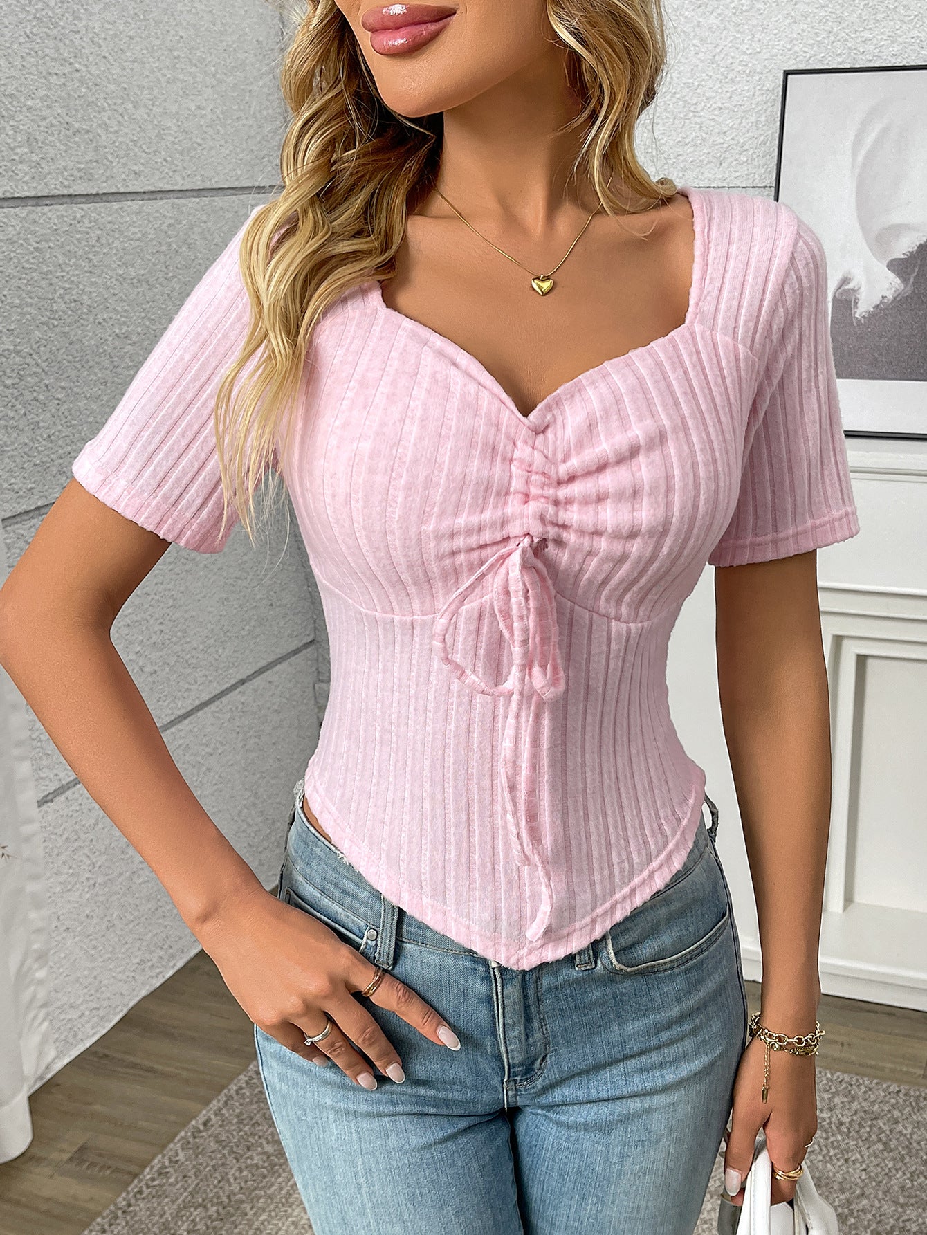 Pleated Drawstring Sexy Short-Sleeve Top