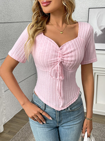 Pleated Drawstring Sexy Short-Sleeve Top