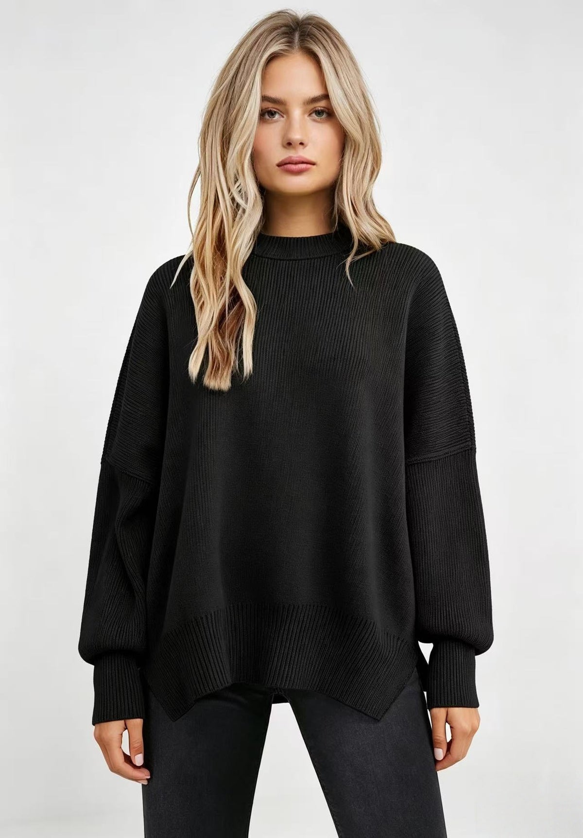 Women's Oversized Batwing Sweater Side Slit Pullover