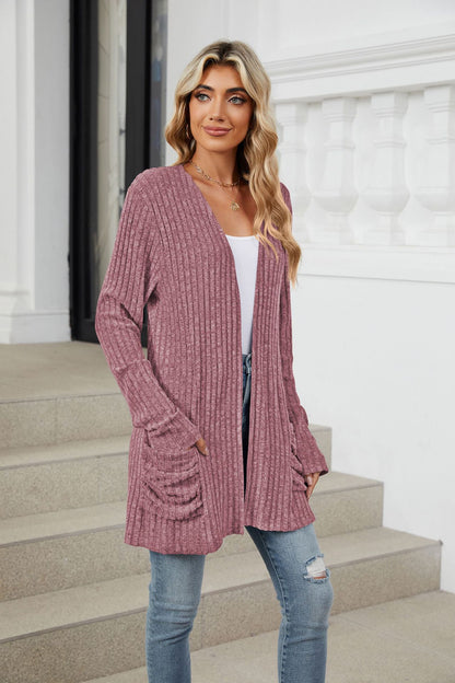 Simple Pocketed Long Sleeve Cardigan Knit Top