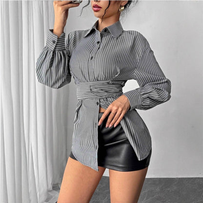 Women's Striped Tie Waist Long Sleeve Button Down Shirt