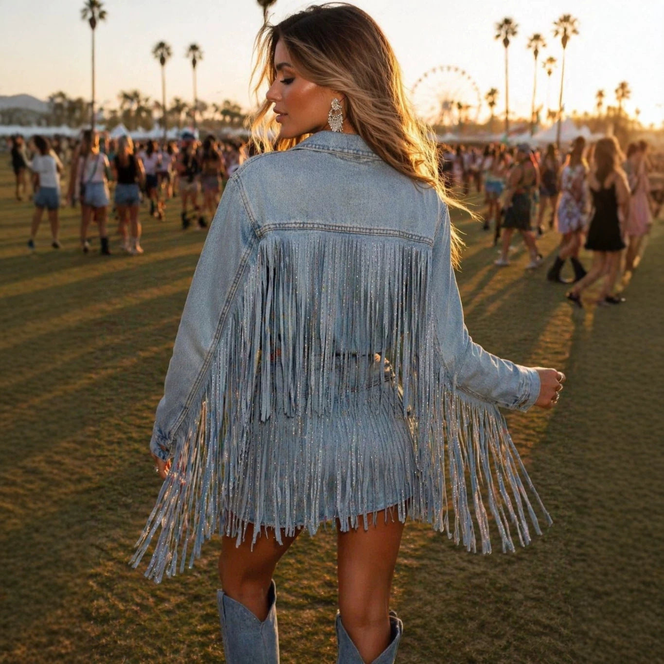 Rhinestone Fringe Denim Skirt Set Western Vintage Wash