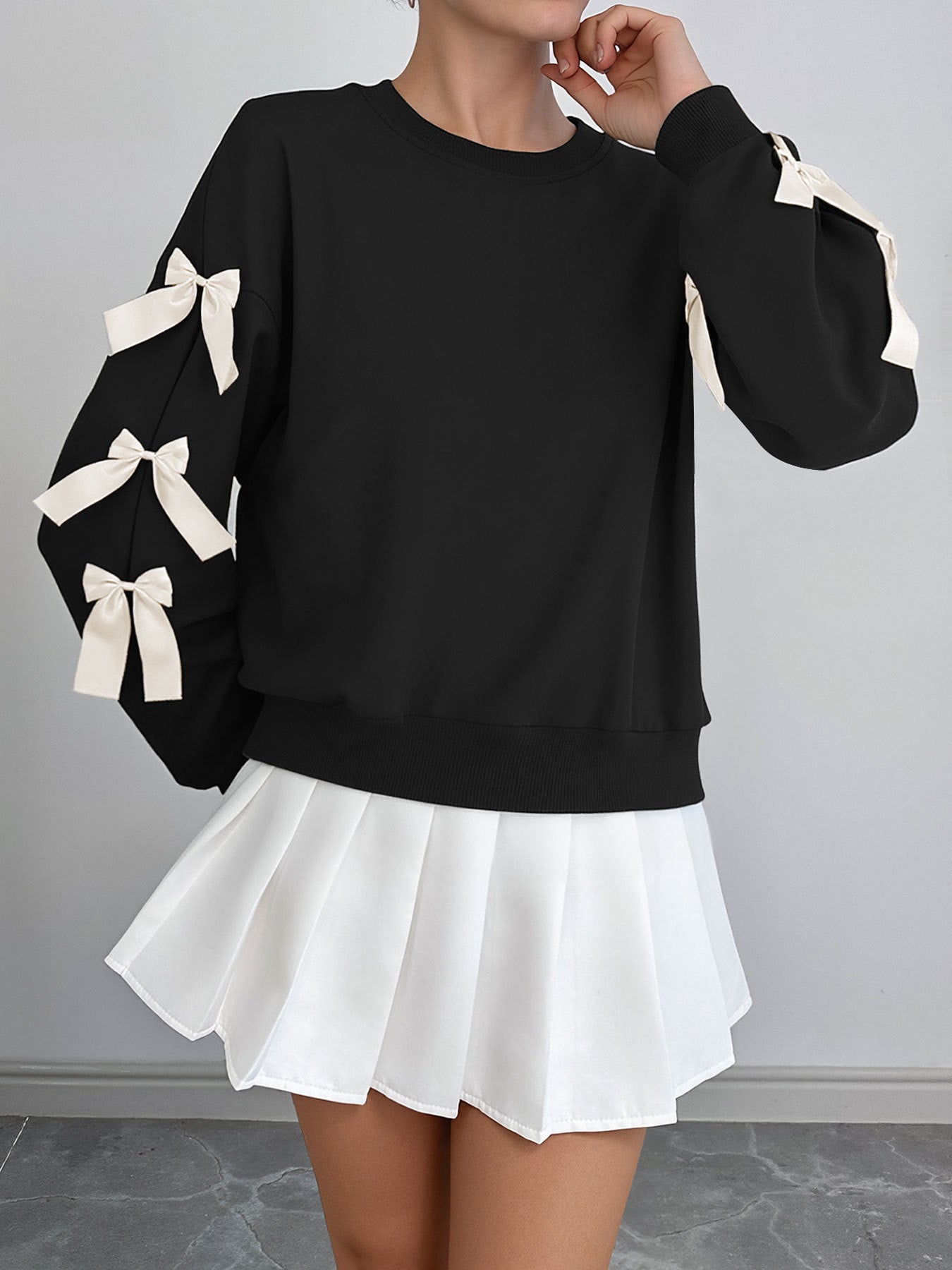 Bow Sleeve Round Neck Long Sleeve Sweatshirt