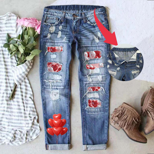 Valentine’s Day Heart Print Distressed Straight Jeans