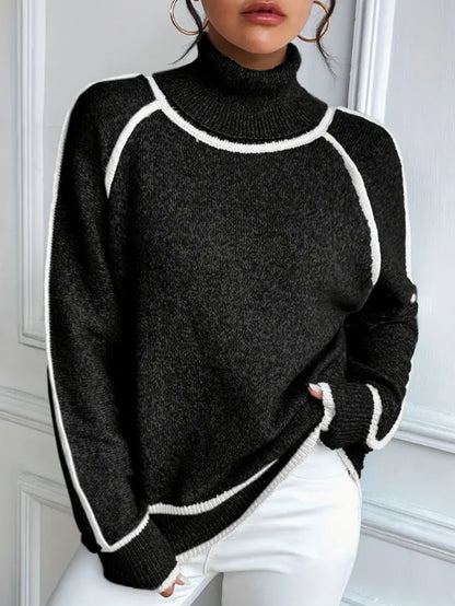 Oversized Contrast Trim Turtleneck Sweater Raglan Sleeve