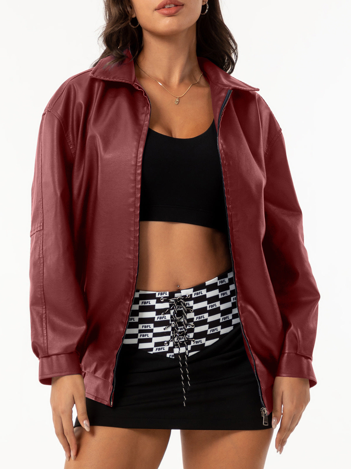 Womens Oversized Faux Leather Jacket Zip Up Casual
