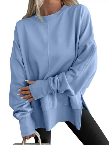 Oversized Crewneck Sweatshirt Batwing Side Slit Fleece