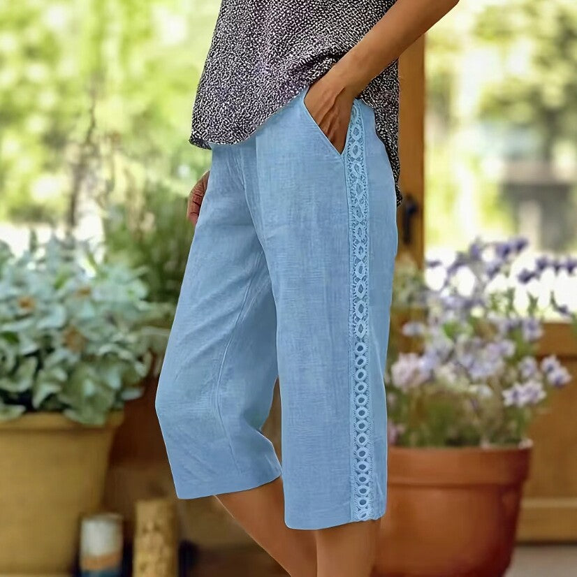 Lace Trim Linen Look Capri Pants Wide Leg Pocket