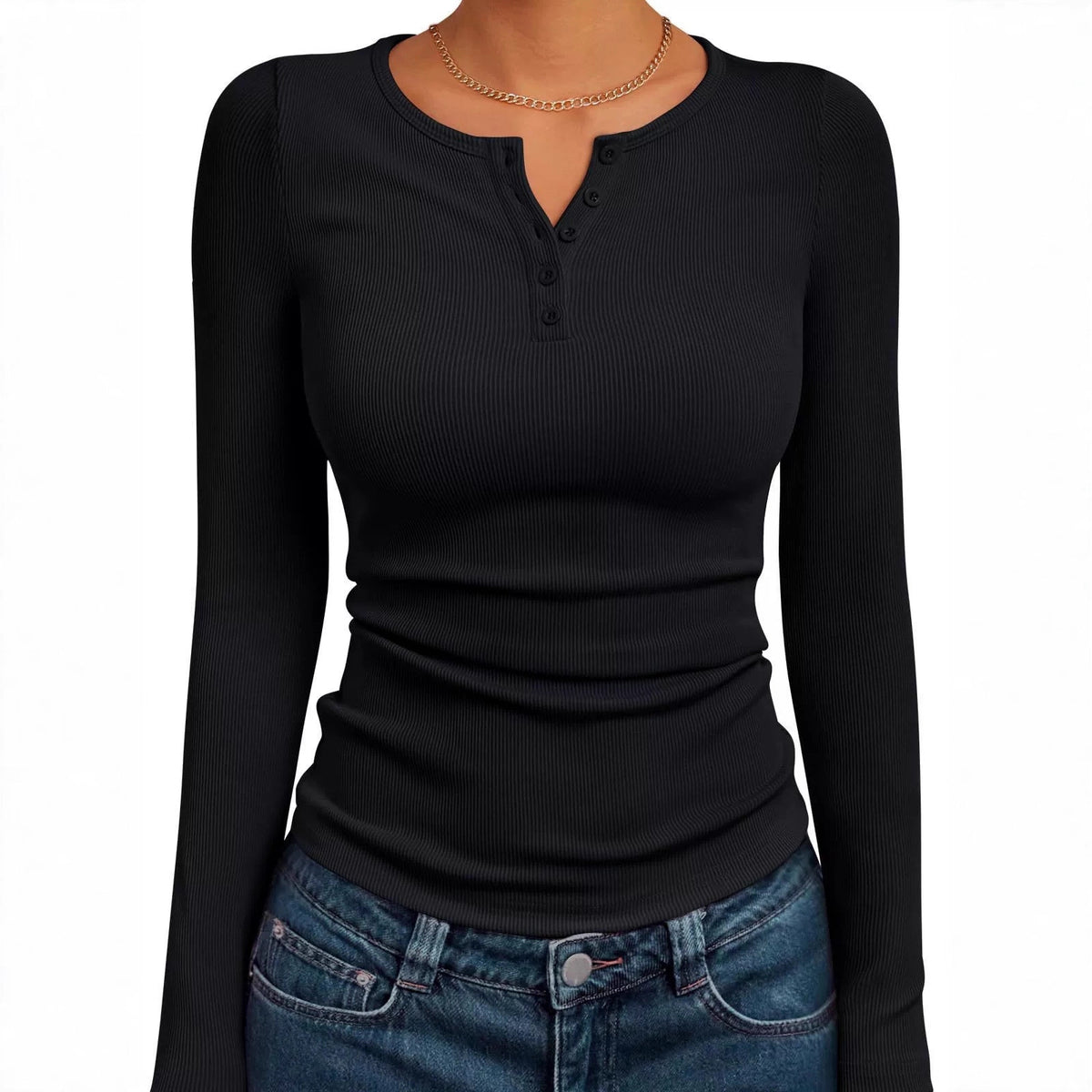 Women's Ribbed Henley Long Sleeve Fitted Top