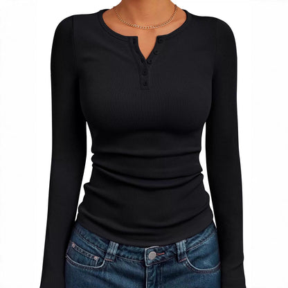 Women's Ribbed Henley Long Sleeve Fitted Top