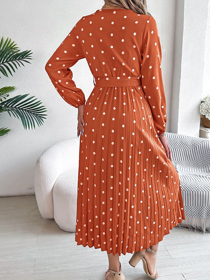 Elegant Polka Dot Cross-Over V-Neck Pleated Midi Dress