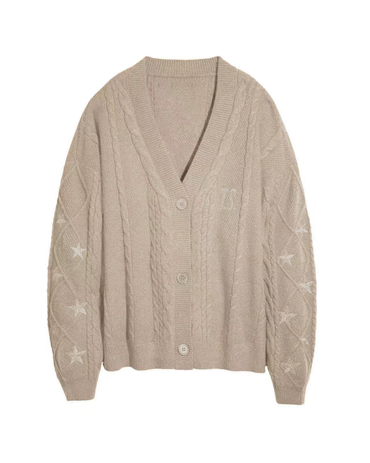 Oversized Cable Knit Star Embroidered Cardigan Sweater