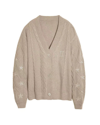 Oversized Cable Knit Star Embroidered Cardigan Sweater