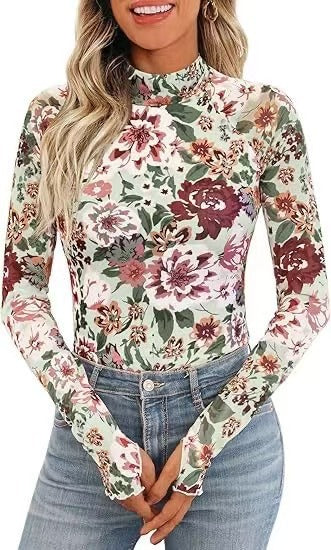 Women's Floral Sheer Mesh Mock Neck Long Sleeve Top