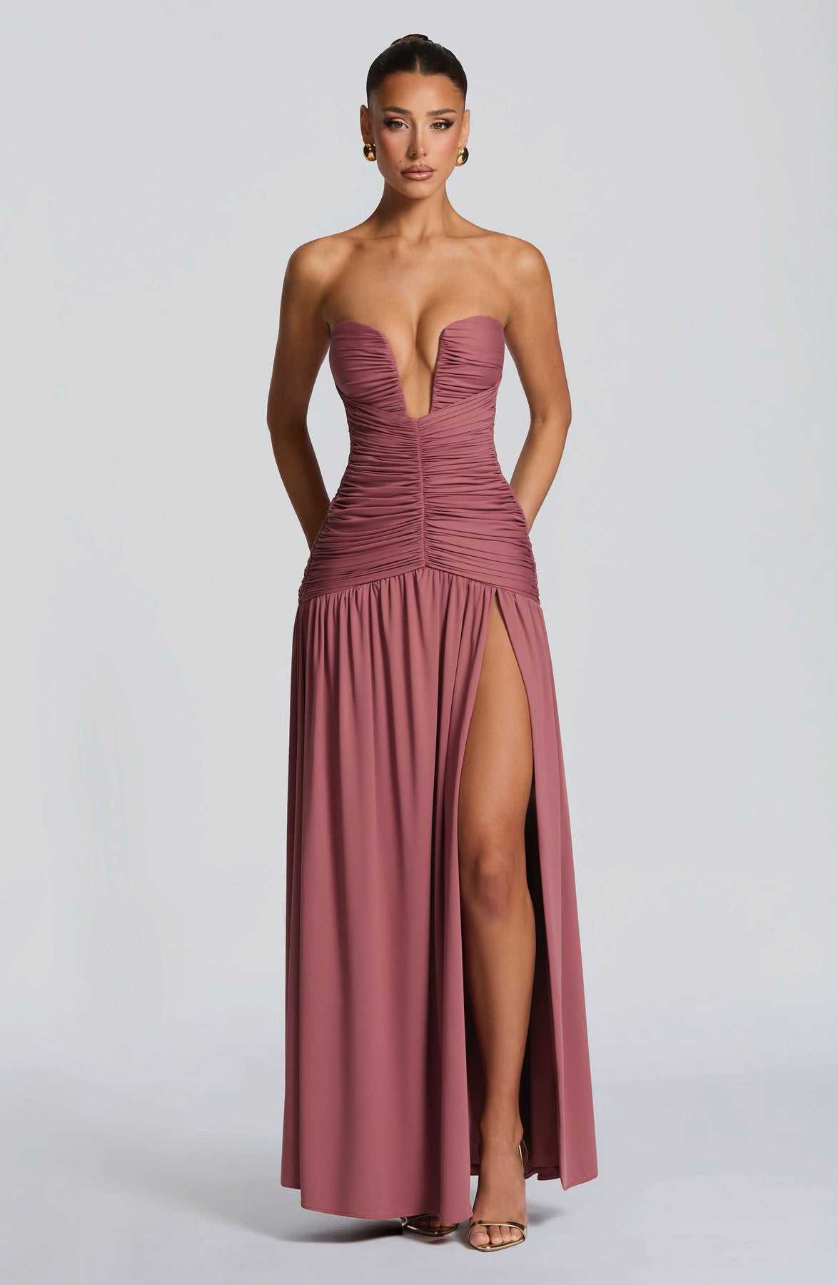 Strapless V-Neck Ruched High Slit Formal Maxi Dress