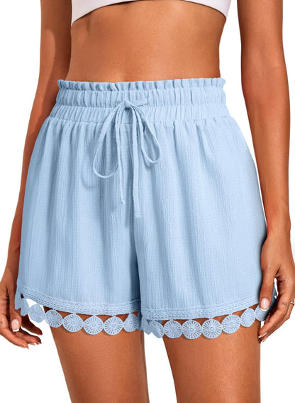 Lace Trim Drawstring Shorts Casual Beach Summer Bottoms