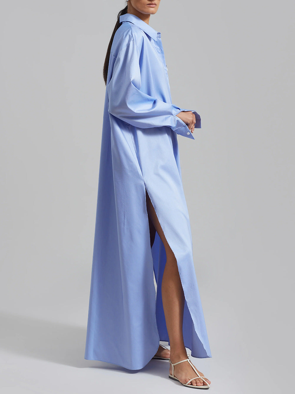 Cotton Maxi Shirt Dress Long Sleeve Collared Slit