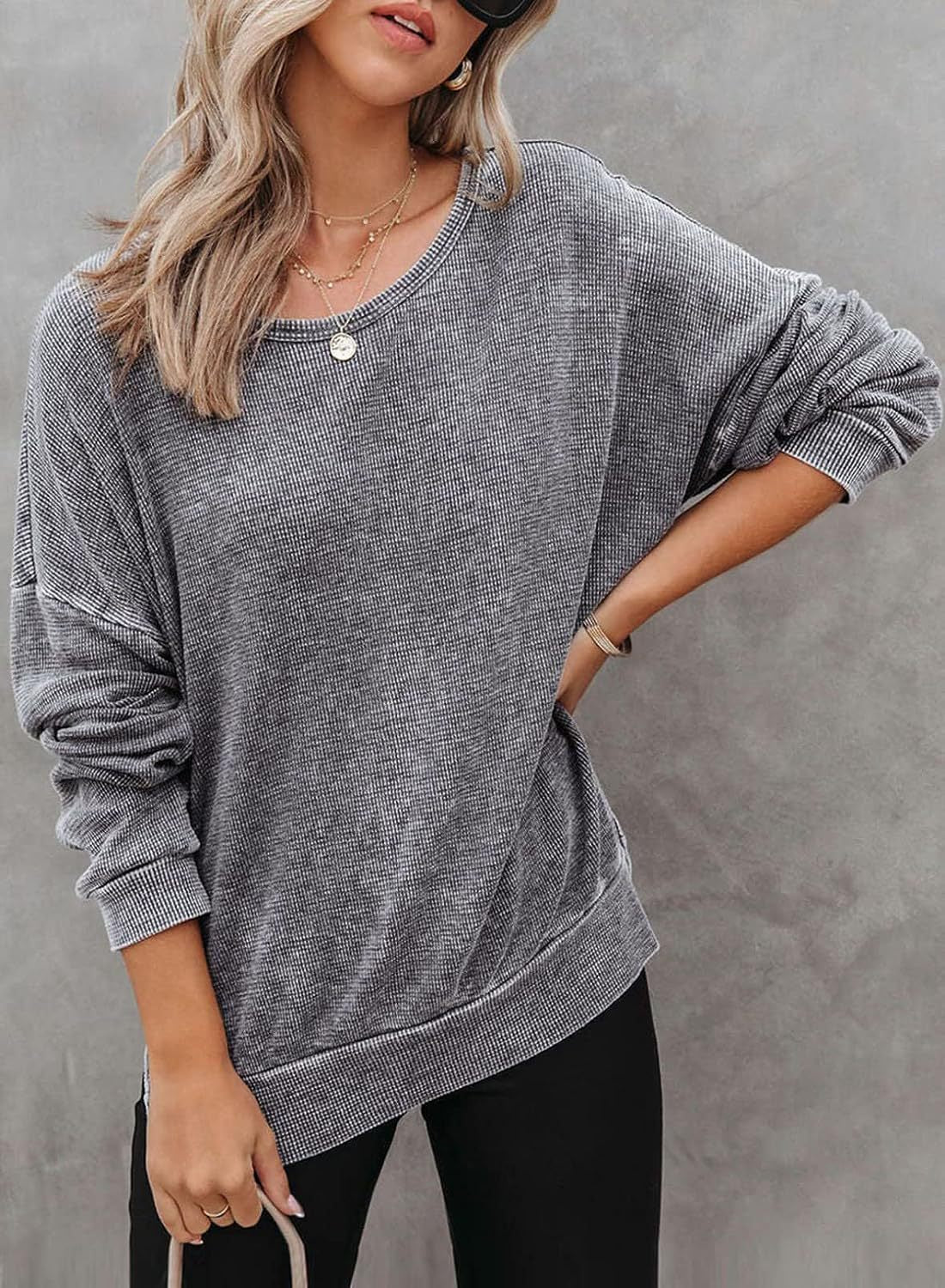 Waffle Split Hem Sweatshirt Women Casual Long Sleeve Top