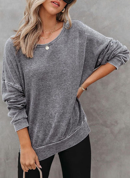 Waffle Split Hem Sweatshirt Women Casual Long Sleeve Top