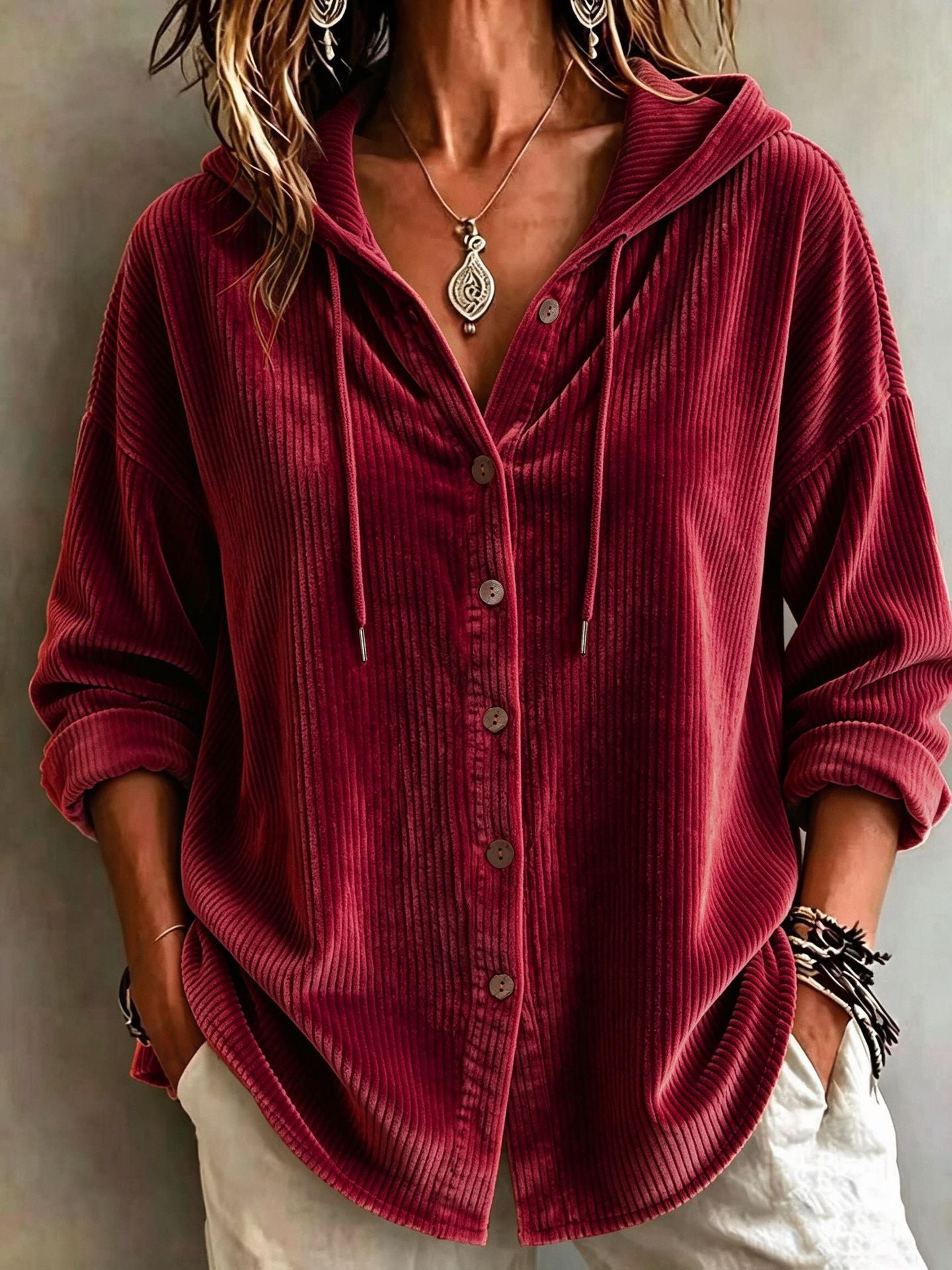 Womens Corduroy Hooded Button Down Shirt Jacket
