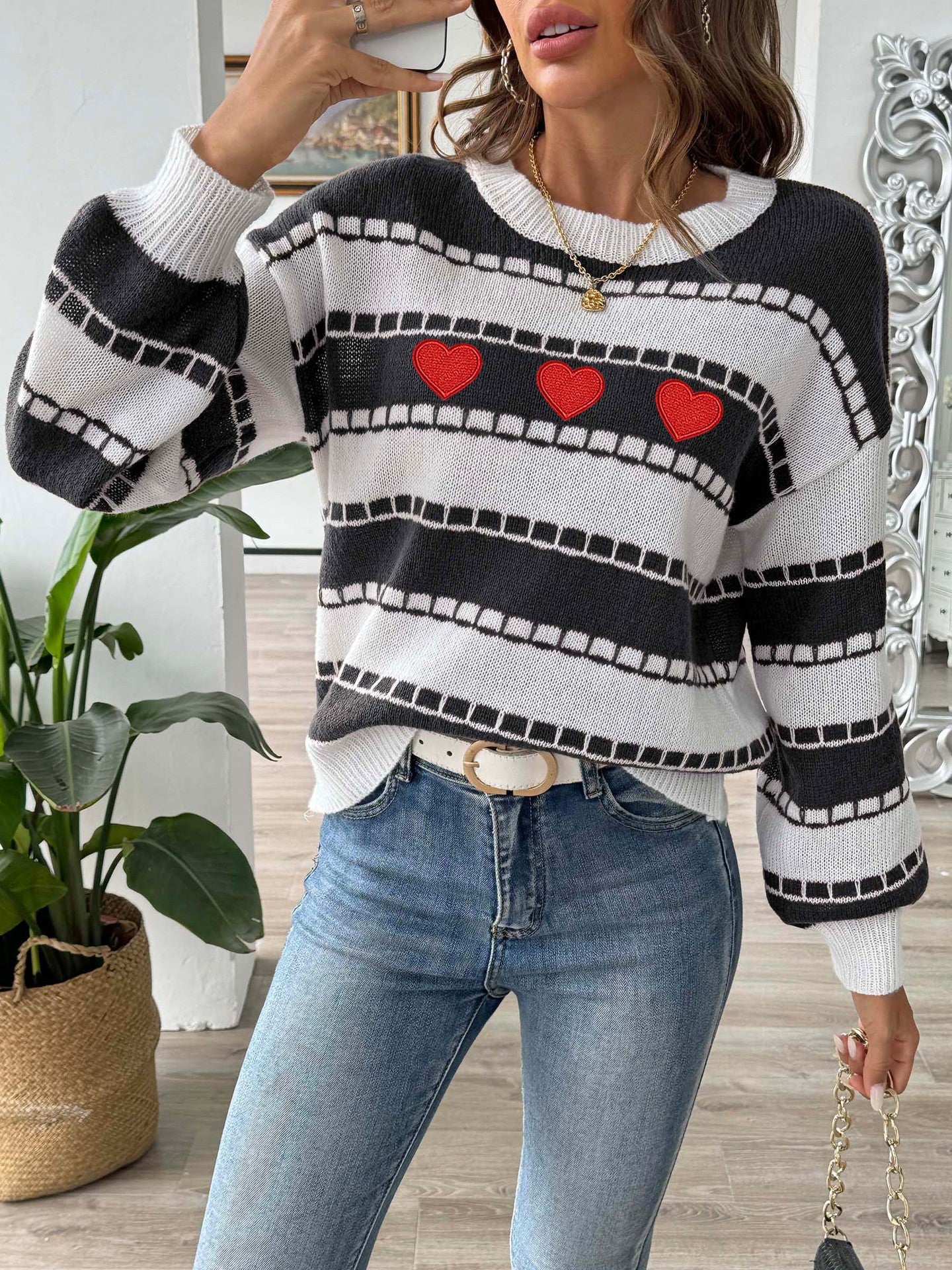 Colorblock Striped Sweater | Embroidered Heart Patch Design
