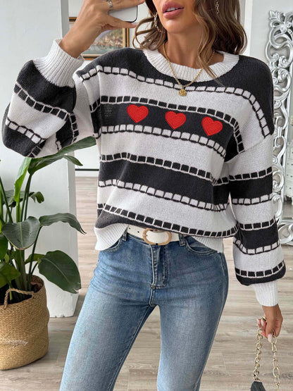 Colorblock Striped Sweater | Embroidered Heart Patch Design