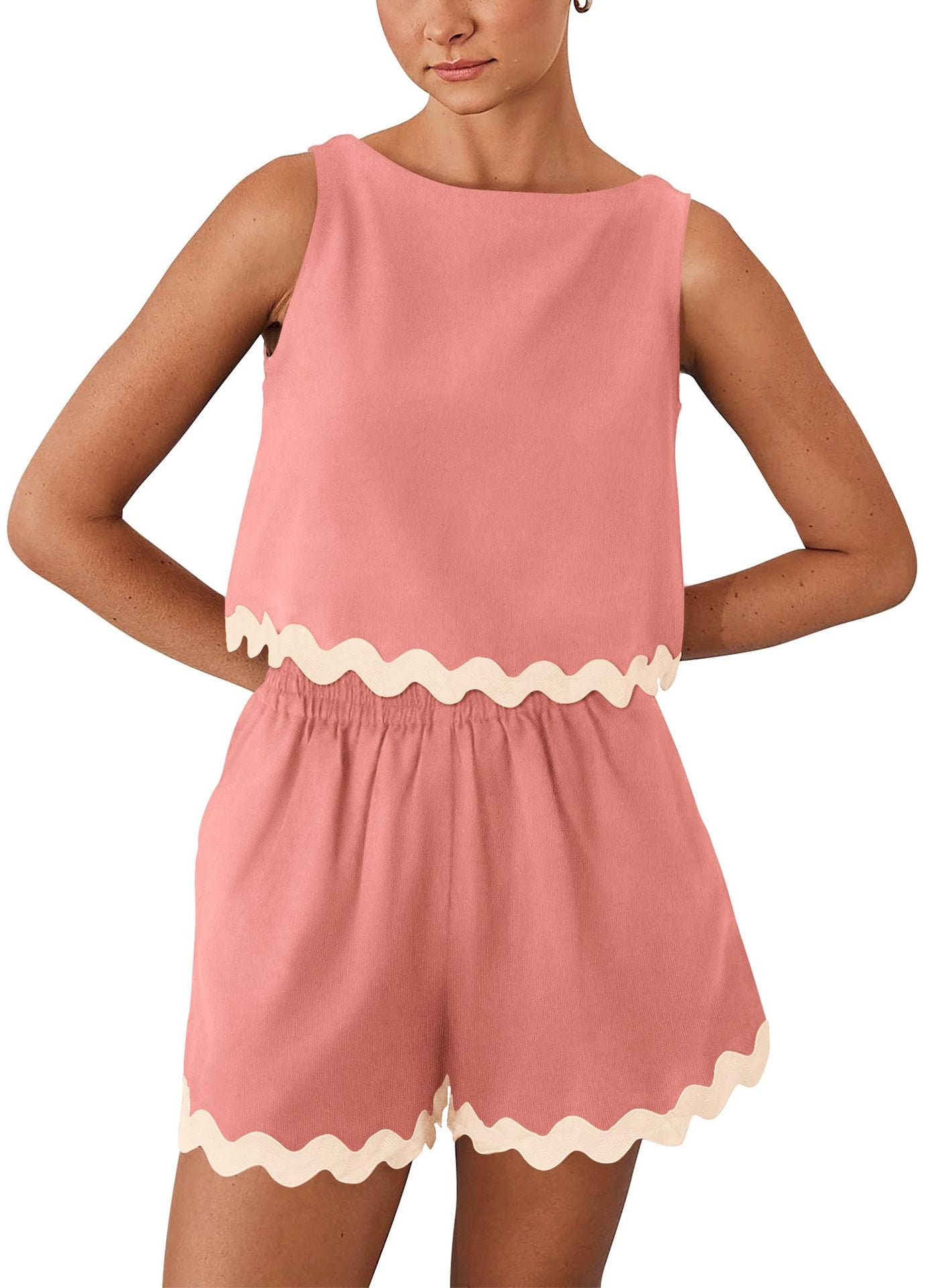 Linen Lace Two-Piece Set - Summer Crew Neck Vest & Shorts