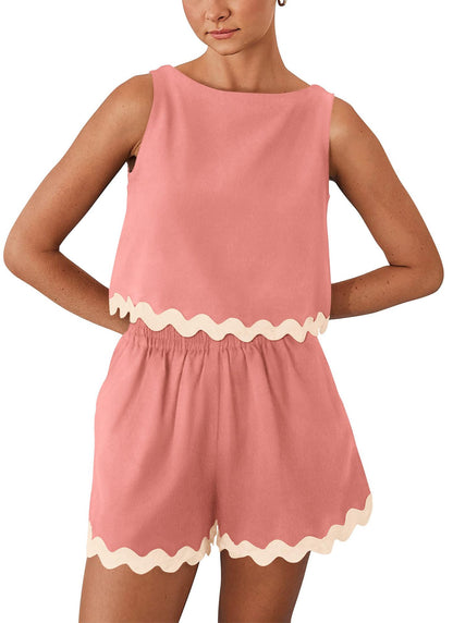 Linen Lace Two-Piece Set - Summer Crew Neck Vest & Shorts