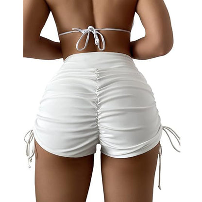 Women's High-Waist Ruched Bikini Shorts – Summer Swim Bottoms