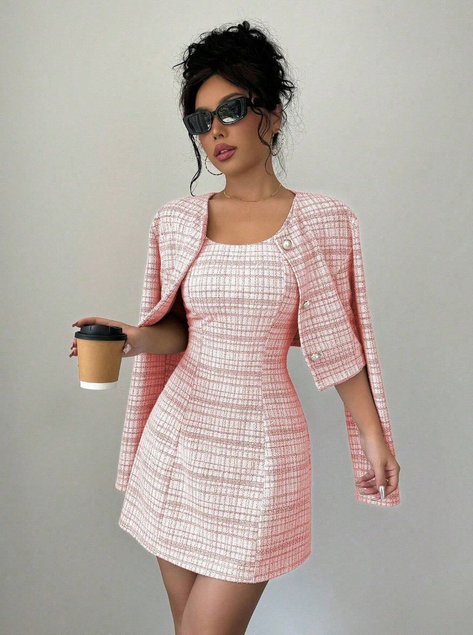 Pink Tweed Blazer & Mini Dress Two Piece Set