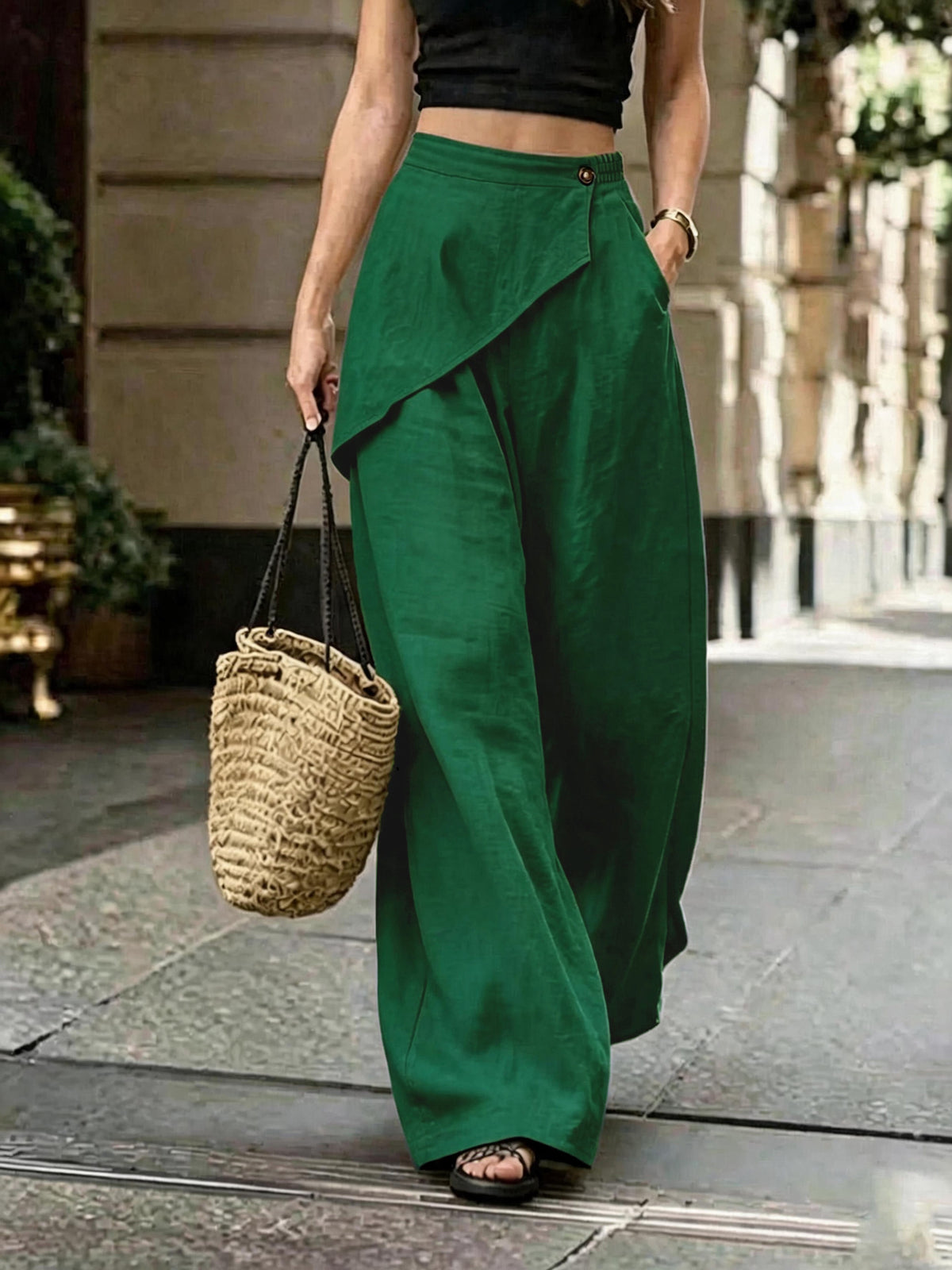 Faux Linen Wide Leg Pants Asymmetric Elastic Waist