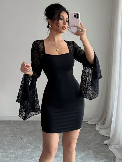 Black Lace Bell Sleeve Square Neck Bodycon Mini Dress