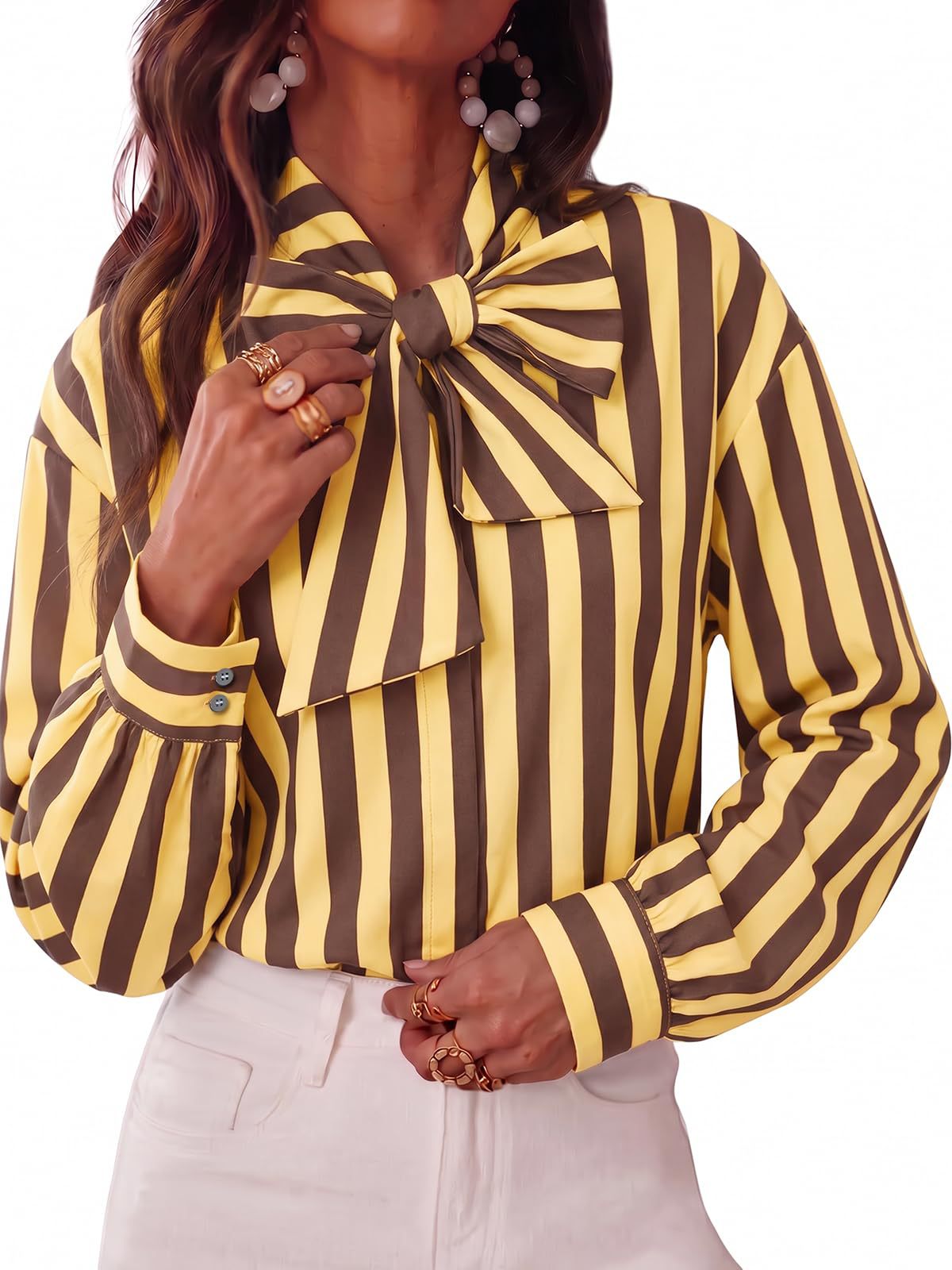 Women's Striped Tie Neck Long Sleeve Blouse Casual