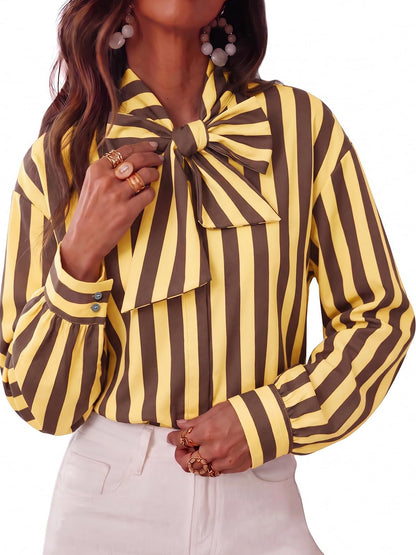Women's Striped Tie Neck Long Sleeve Blouse Casual