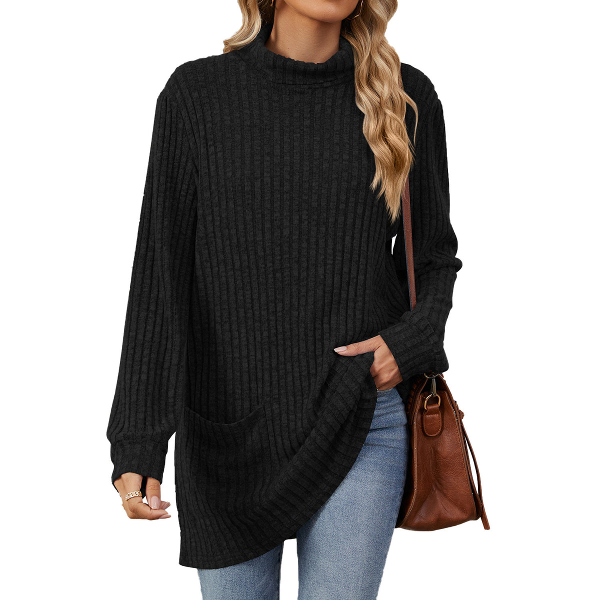 Women's Oversized Ribbed Mock Neck Tunic with Pockets
