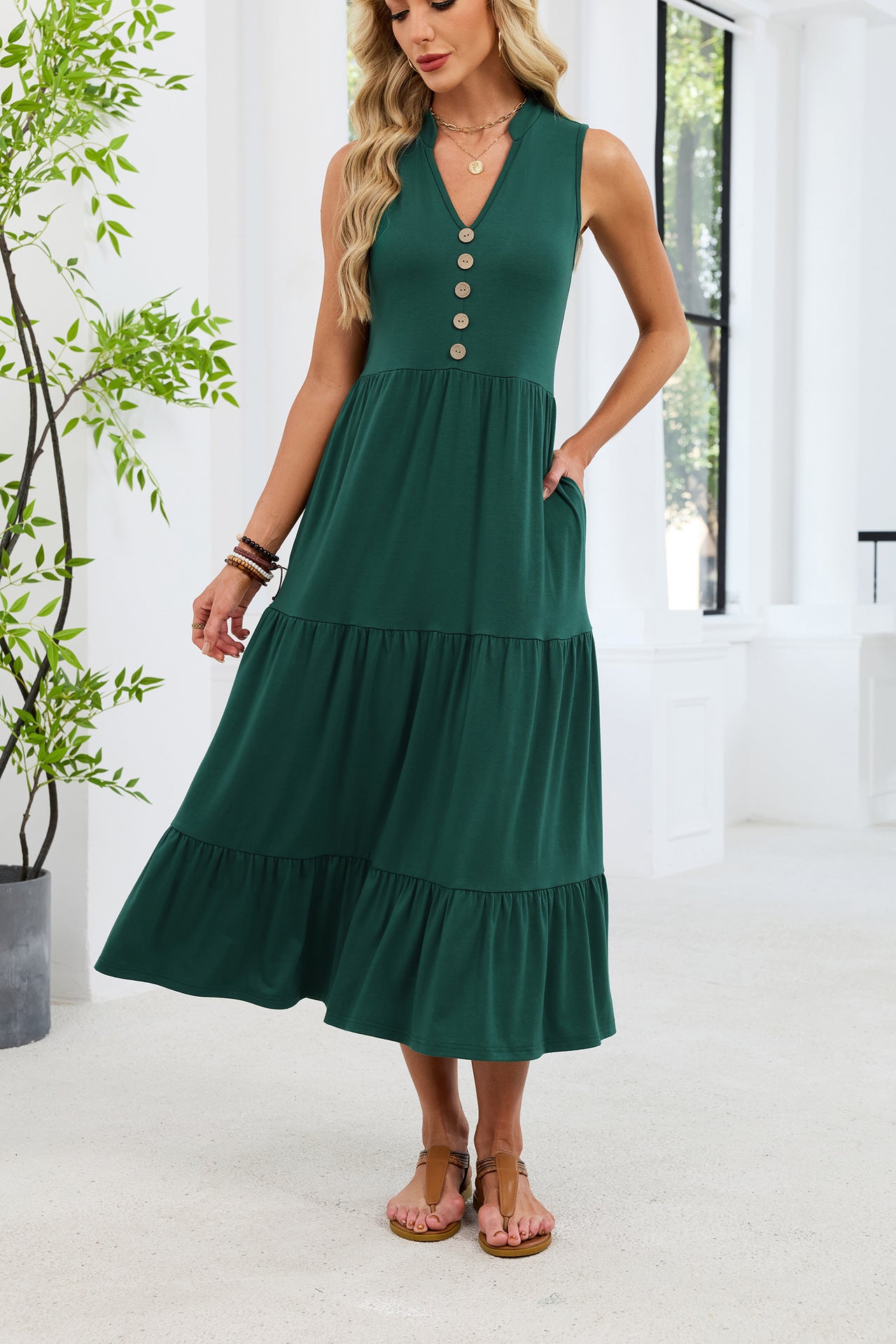 Sleeveless V-Neck Button Down Tiered Midi Dress Casual Summer