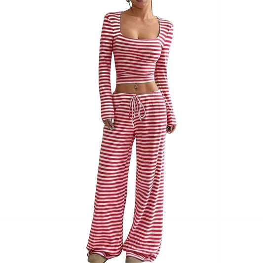 Striped Polyester T-Shirt & High-Waist Wide Leg Pants Set