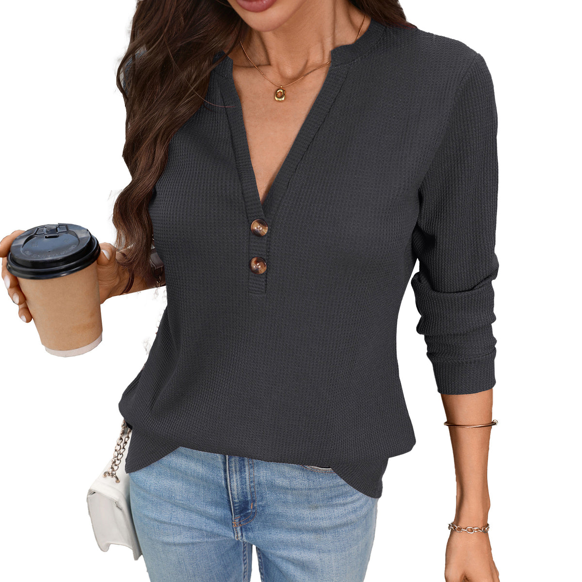 Women's Waffle Knit V-Neck Button Long Sleeve Top